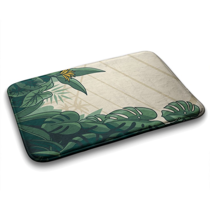 Covor de Baie, Tulup, Dreptunghi, Plante Monstera, Verde, 60 cm x 90 cm, 010350680020200077663