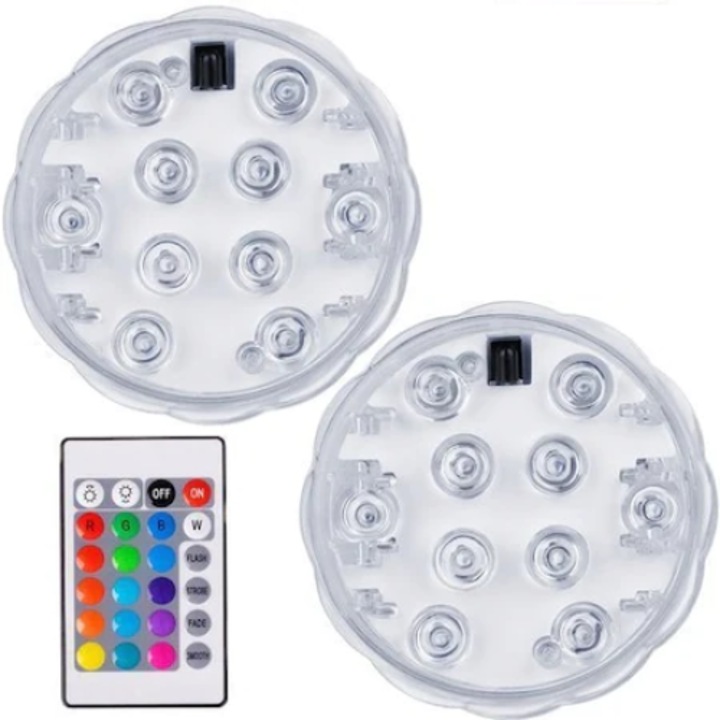 Set 2 lumini LED rezistente la apa, 16 culori, 4 moduri de iluminare, potrivit pentru piscina, RGB
