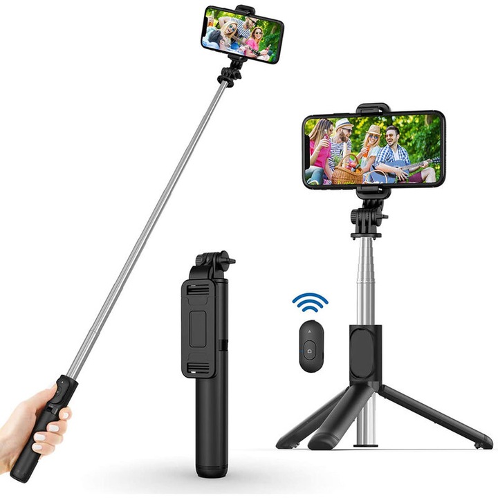 Selfie stick cu trepied telescopic si telecomanda wireless bluetooth, lungime reglabila 20-101 cm, unghi de inclinare reglabil, Aiyando, negru