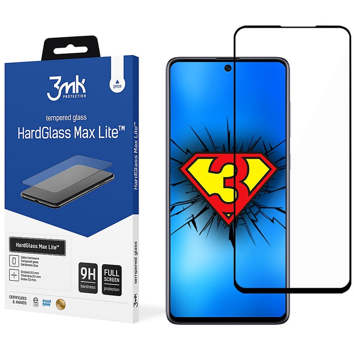 3MK HardGlass Max Lite протектор за екран за Samsung Galaxy A71 A715, защитено стъкло, пълно лепило, черен