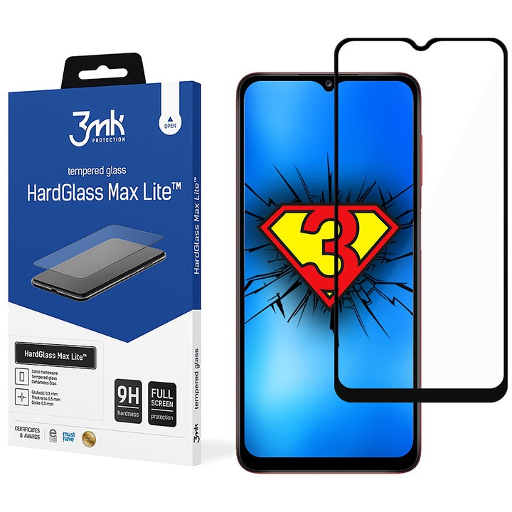 3MK HardGlass Max Lite протектор за екран за Samsung Galaxy A12 Nacho A127 / M12 M127 / A12 A125, защитено стъкло, пълно лепило, черен