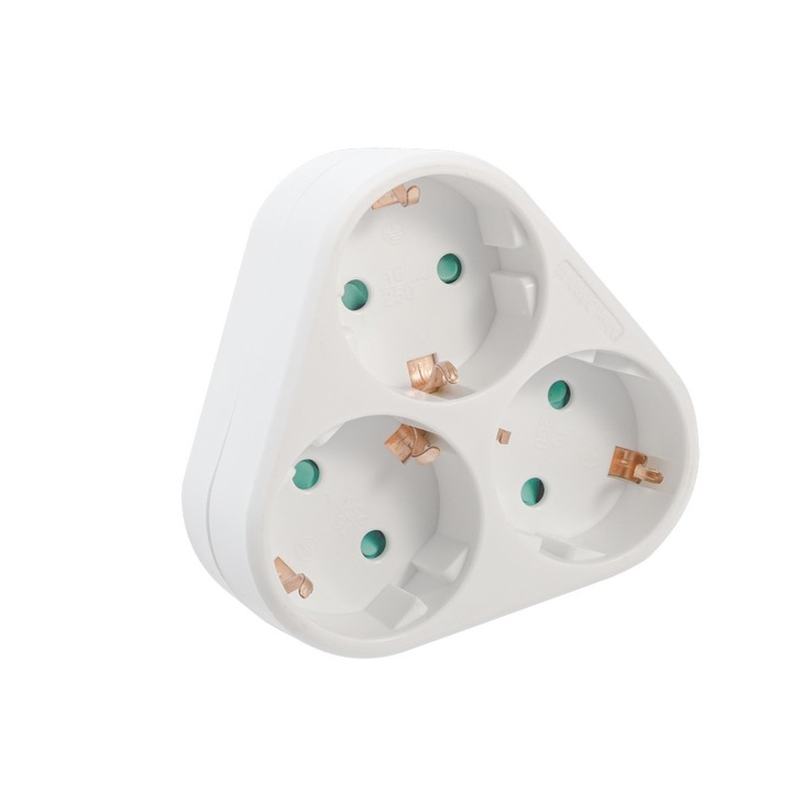 Triplu Stecher SPACER, Schuko, max 3500W, 16A, protectie copii, 3 prize Schuko SPMS-3-WH