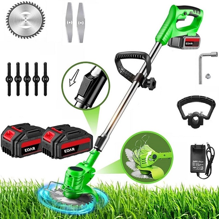 Motocoasa Electrica Cu Acumulator Profesionala EDAR, Pentru Tuns Iarba, Fara Fir Cu 2 Acumulatori Reincarcabili, 48V, Disc Taiere, Protectie, Lame Otel Inoxidabil, Verde