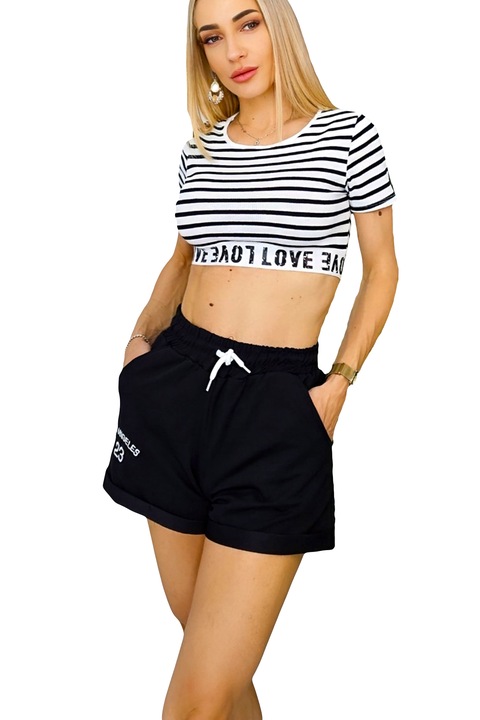 Pantaloni scurti Ylan, bumbac, cu snur in talie, Negru