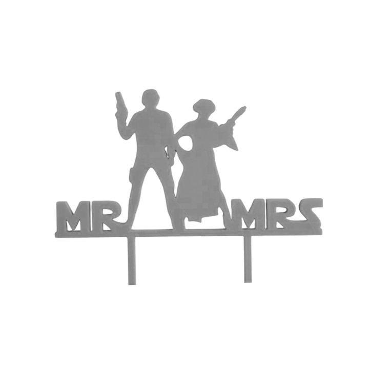 Tortafedő dekoráció, "MR AND MRS", galaktikus szerelmi modell STAR WARS, 16 x 19,5 cm ezüst