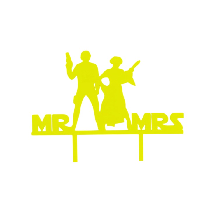 Топер за торта, "MR AND MRS" галактическа любов модел STAR WARS, 16 x 19,5 cm жълт