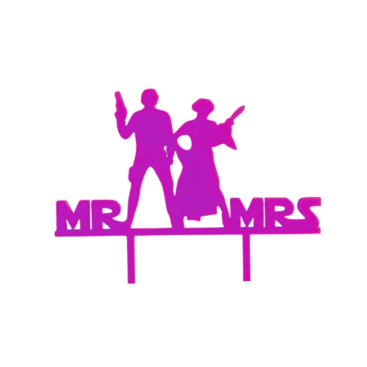 Decoratiune topper tort, "MR AND MRS" galactic love model STAR WARS, 16 x 19,5 cm mov deschis