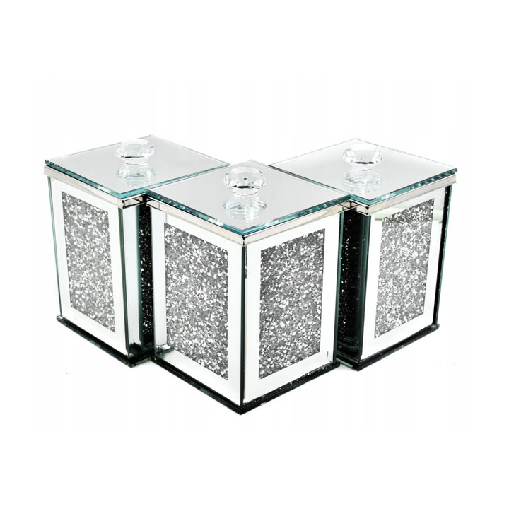 Set 3 Recipiente decorative, DOMEX DECOR, Sticla, Stil Glamour, 14 x 10 cm, Argintiu cu Cristale