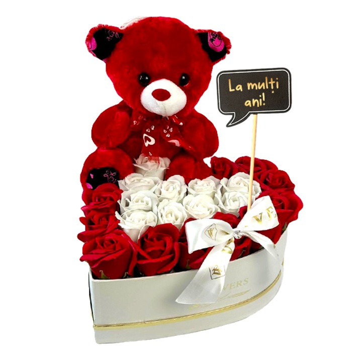 Set pentru fete Fragility, cutie inima alba cu trandafiri de sapun, ursulet de plus si mesaj cu textul "La multi ani!", Rosu, Velve