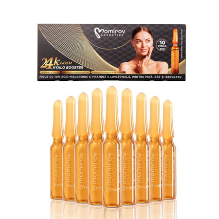 Fiole booster de colagen cu 10% acid hialuronic, vitamina C lipozomala, aur 24K, Momirov Cosmetics, vitalitate, stralucire, anti-rid, anti-imbatranire, 10 buc x 2 ml