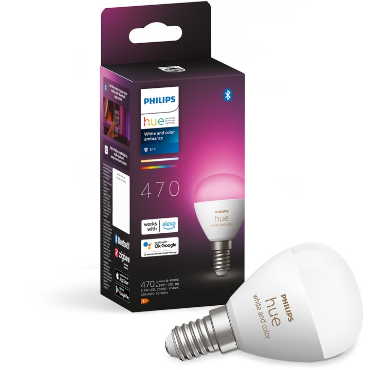 Смарт крушка RGB LED Philips Hue P45, Bluetooth, Zigbee, E14, 5.1W, 470l лумена, Бяла и цветна светлина (2000-6500K), Енергиен клас F