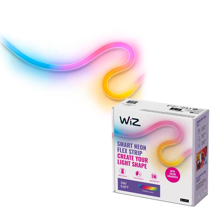 Banda LED RGB inteligenta tip neon WiZ, Wi-Fi, 20W, lumina colorata, 3m