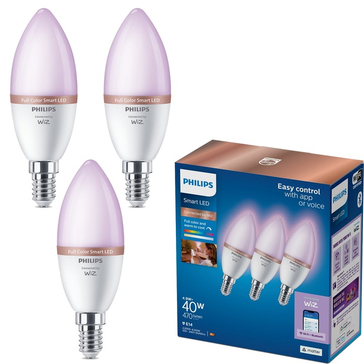 Комплект от 3 LED крушки Philips Smart C37 RGB, Wi-Fi/Bluetooth, E14, 4.9W (40W), Бяла и цветна светлина (2200-6500K), Енергиен клас F