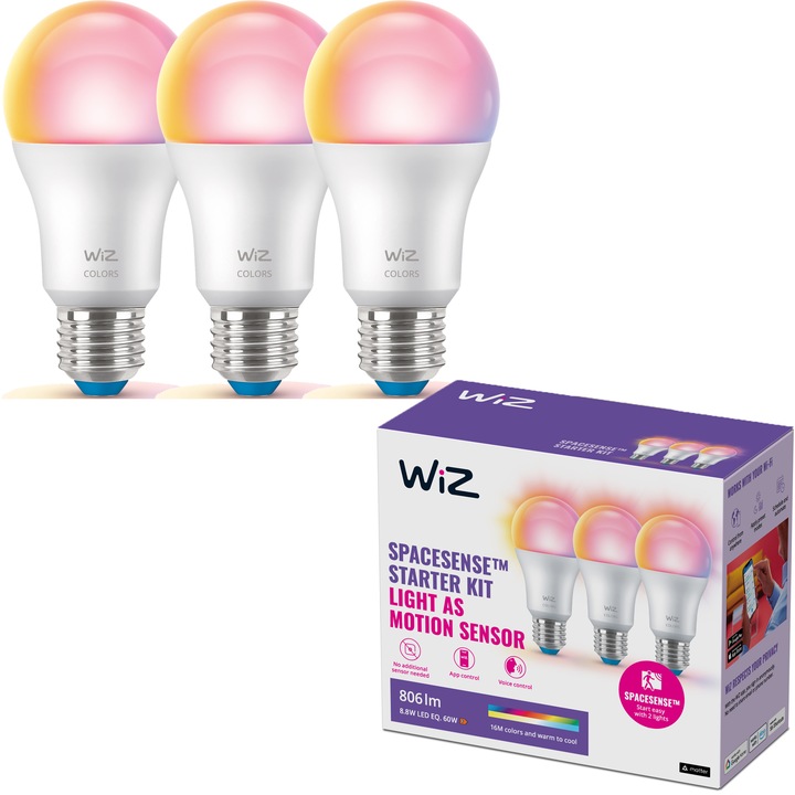 Комплект от 3 смарт RGB LED крушки WiZ A60, Wi-Fi/Bluetooth, E27, 8.5W (60W), 806 лумена, Бяла и цветна светлина (2200-6500K), Енергиен клас F