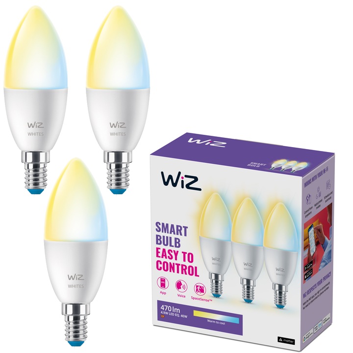 Комплект от 3 LED крушки WiZ C37, Wi-Fi/Bluetooth, E14, 4.9W (40W), 470 лумена, Топла бяла светлина (2700K), Енергиен клас F