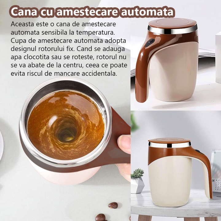 Cana termos cu amestecare automata, Amtok, mixer incorporat, 380 ml, pentru cafea, ceai, ness, Alba / maro