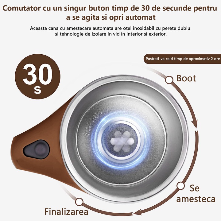 Cana termos cu amestecare automata, Amtok, mixer incorporat, 380 ml, pentru cafea, ceai, ness, Alba / maro