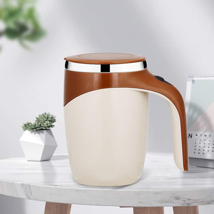 Cana termos cu amestecare automata, Amtok, mixer incorporat, 380 ml, pentru cafea, ceai, ness, Alba / maro