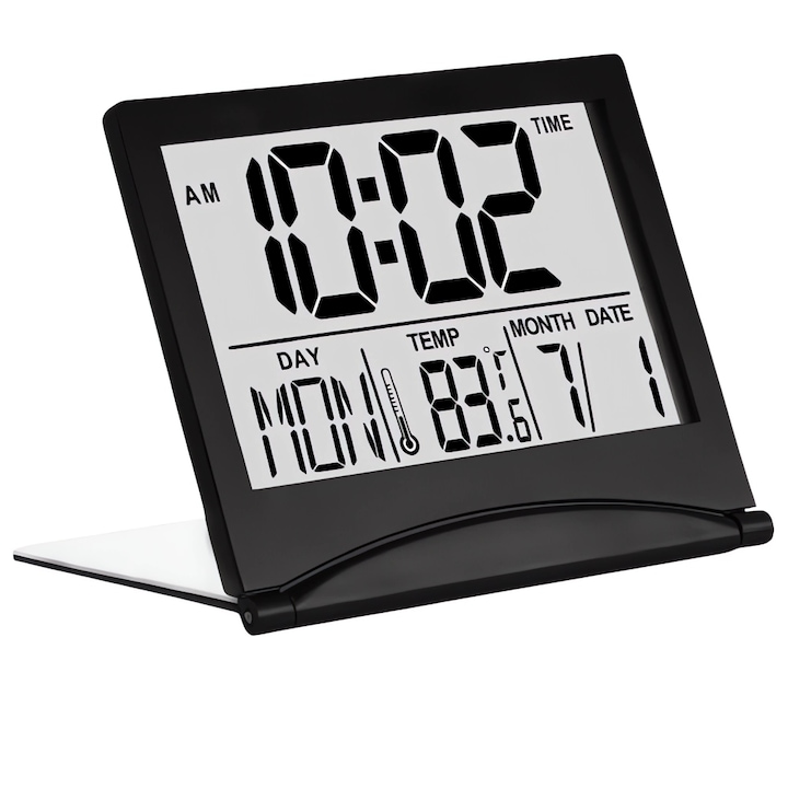 Bliibee® digitális óra, idő és dátum kijelző, hőmérséklet kijelző, ébresztő szundi funkcióval, összecsukható, fekete