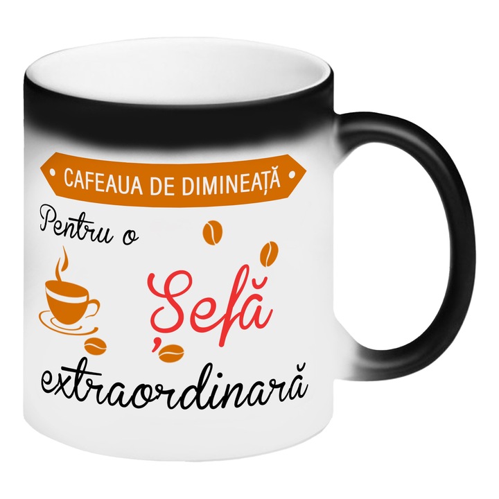 Cana termosensibila neagra personalizata Cafeaua de dimineata pentru o Sefa extraordinara, 330 ml, Pop Radu Daniel II