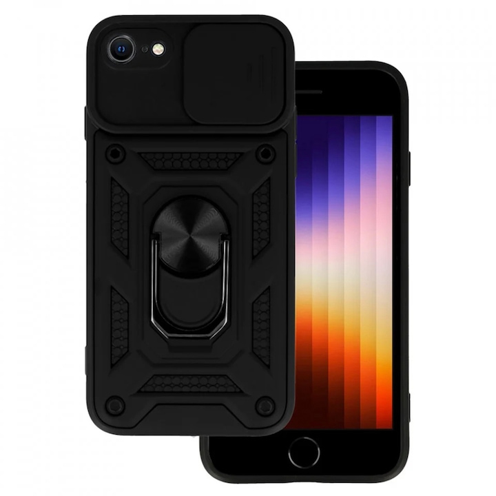 Калъф за телефон, съвместим с Apple iPhone SE 2 (2020), Rugged Shield LensProtect, Anti-Shock, плъзгащ се капак за фотоапарати, защита на обектива, пълно покритие, пръстен за задържане, магнит, черен