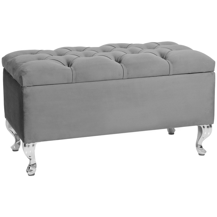 Bancheta cu spatiu de depozitare Modiano CR, Lordly, Velur matlasat, 81x42 cm, Gri
