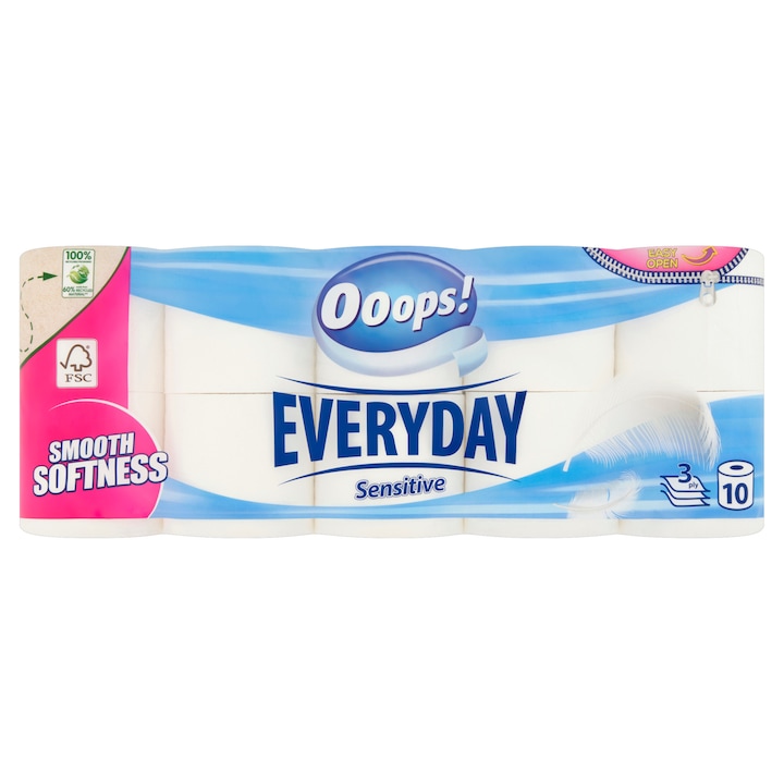 Ooops! Everyday Sensitive 3 rétegű wc papír, 10 tekercs