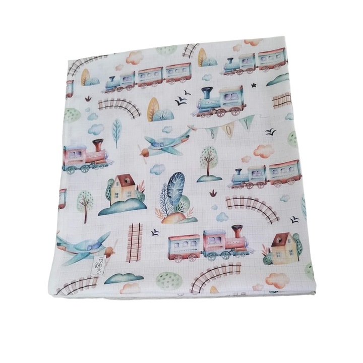 Paturica premium din muselina, Tesoro Bebe, model Trenulet, 70x100 cm