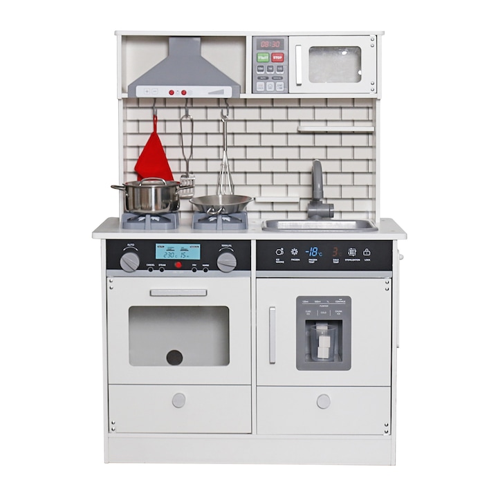 Bucatarie Copii Din Lemn GINGER HOME, cu Sunet, Lumina si Accesorii pentru Gatit, Alb