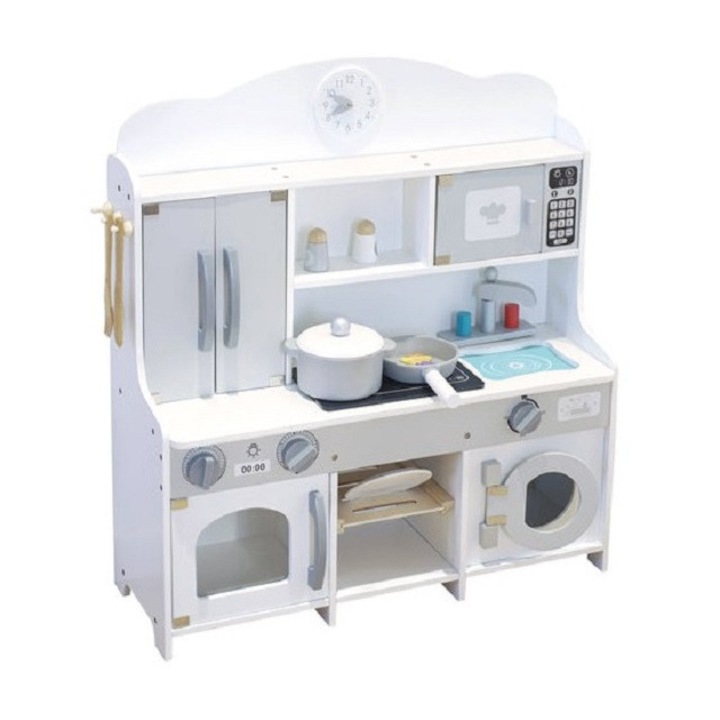 Bucatarie din lemn pentru copii cu masina de spalat, culoare alba, cu 12 accesorii, 64x69x23 cm