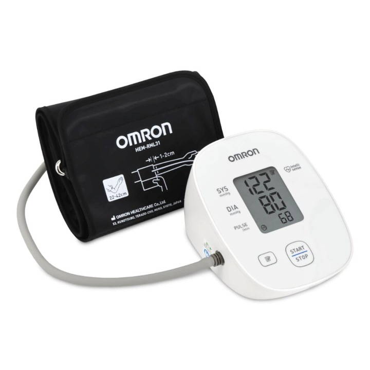 Tensiometru electronic de brat Omron M300, validat clinic, Tehnologie IntelliSense, cu detectarea aritmiei, afisaj LCD, Alb