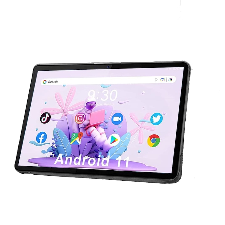 Tableta tactila de 10 inch, Android 11, Google GMS pentru tablete, 4GB RAM, 64 GB ROM (extensibila la 128 GB), ecran IPS 2.5D de rezolutie 800x1280 FHD, camera frontala de 2 MP + camera principala de 8 MP, Wi-Fi, Negru, include husa de protectie
