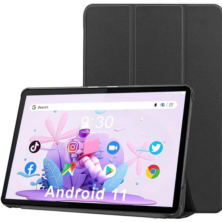 Tableta tactila de 10 inch, Android 11, Google GMS pentru tablete, 18 (6+12) GB RAM, 128 GB ROM (Suport TF card), ecran IPS 2.5D de rezolutie 800x1280 FHD, camera frontala de 2 MP + camera principala de 8 MP, Wi-Fi, Negru, include husa de protectie