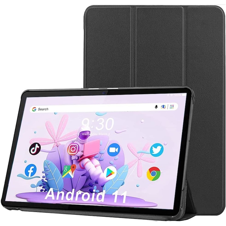 Tableta tactila de 10 inch, Google GMS, 4GB RAM, 64 GB ROM, micro USB, ecran IPS 2.5D 800x1280 FHD, camera 2 MP + 8MP, Wi-Fi, Android 11, husa protectie, Negru