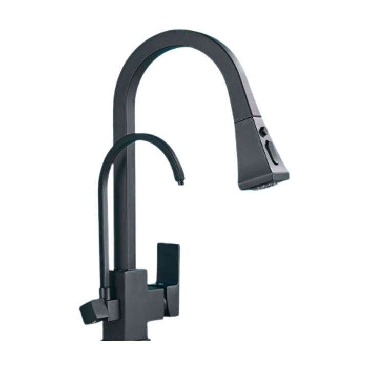 Baterie de bucatarie cu 3 cai pentru apa purificata cu dus extractibil si 2 functii, negru mat, tip D, AquaSpa