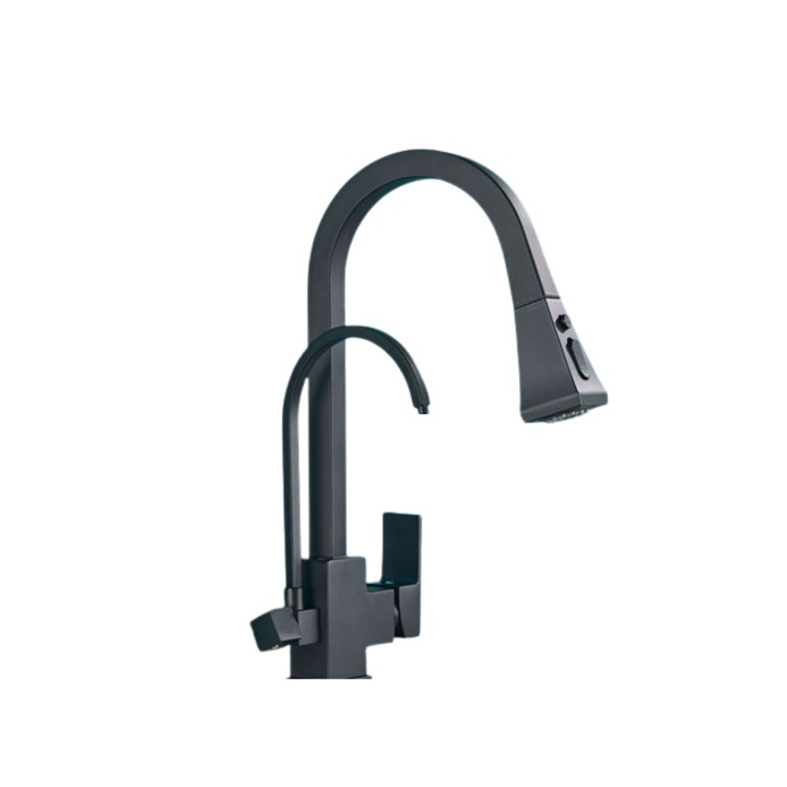 Смесител за пречистена вода с изтеглящ се душ и 2 функции, 3-пътен, черен мат, тип D, AquaSpa