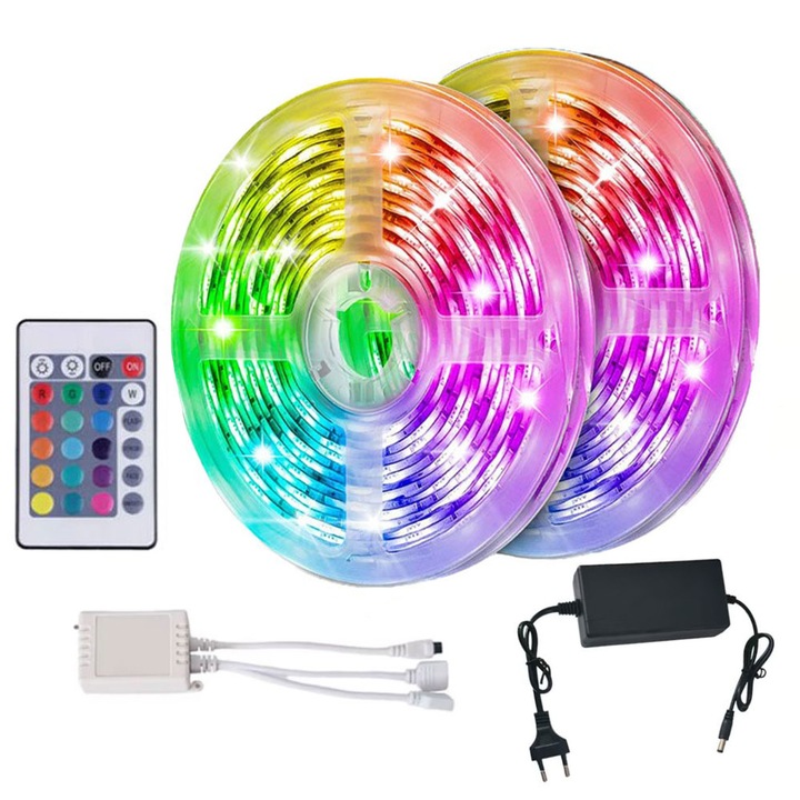 Kit Banda LED Multicolora GREATON, Inteligenta, Grad Protectie IP65, Aplicatie Telefon si Telecomanda, Schimbare Culori, Jocuri de Lumini pe Ritmul Muzicii, Lungime 10 m