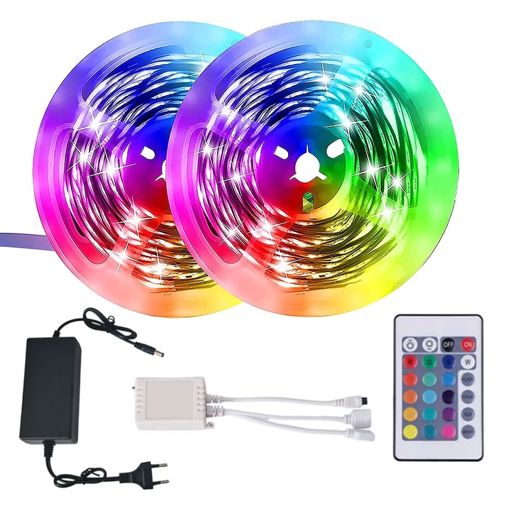 Intelligens EDAR RGB LED szalagkészlet alkalmazással vagy távirányítóval, LED SMD 2835, IP65, Bluetooth kapcsolat, hossz 10 méter (2 x 5 m), színváltó és fényjátékok