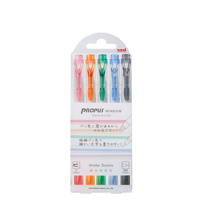 Комплект от 5 маркера за прозорци Uni Propus, двоен връх, цветове дим
