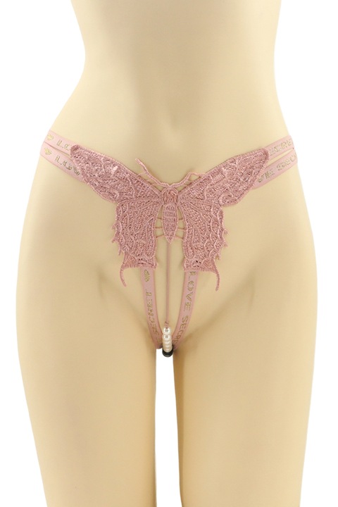 Chiloti sexy tanga, model cu broderie fluture si perle MG-P6651roz 88821, Roz, One Size