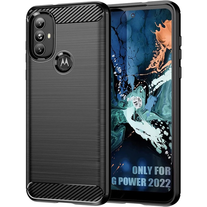 Калъф Supreme Carbon, съвместим с Motorola Moto G Power (2022), Прецизна защита, Набразден дизайн, Подсилени ръбове, Защита от пръстови отпечатъци, Черен