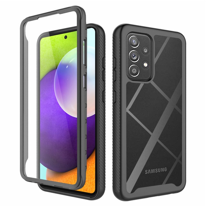 Калъф COMANDO 360Fence, съвместим със Samsung Galaxy A52 4G / A52 5G / A52s 5G, включено фолио, пълна защита (отпред, отзад, отстрани), идеален хибриден захват, черен