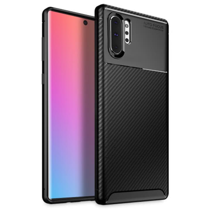 Калъф Supreme Carbon, съвместим със Samsung Galaxy Note 10 Plus, Прецизна защита, Набразден дизайн, Подсилени ръбове, Защита от пръстови отпечатъци, Черен