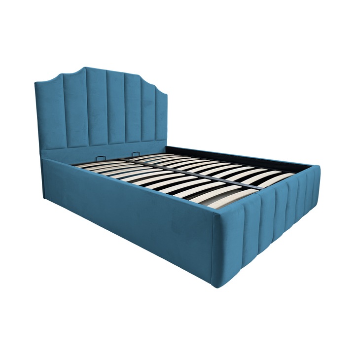 Pat tapitat Baxter, cu spatiu de depozitare si somiera rabatabila, albastru deschis, F18, 120x200 cm