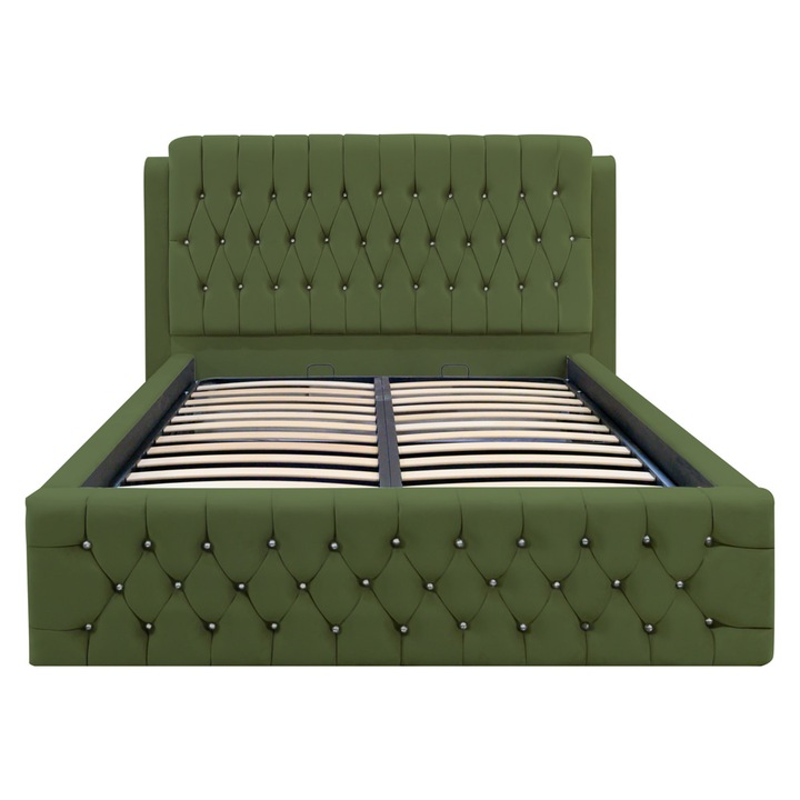 Pat dublu tapitat Olympia cu nasturi sticla, 160/200, kaki, cu somiera metalica rabatabila si spatiu de depozitare
