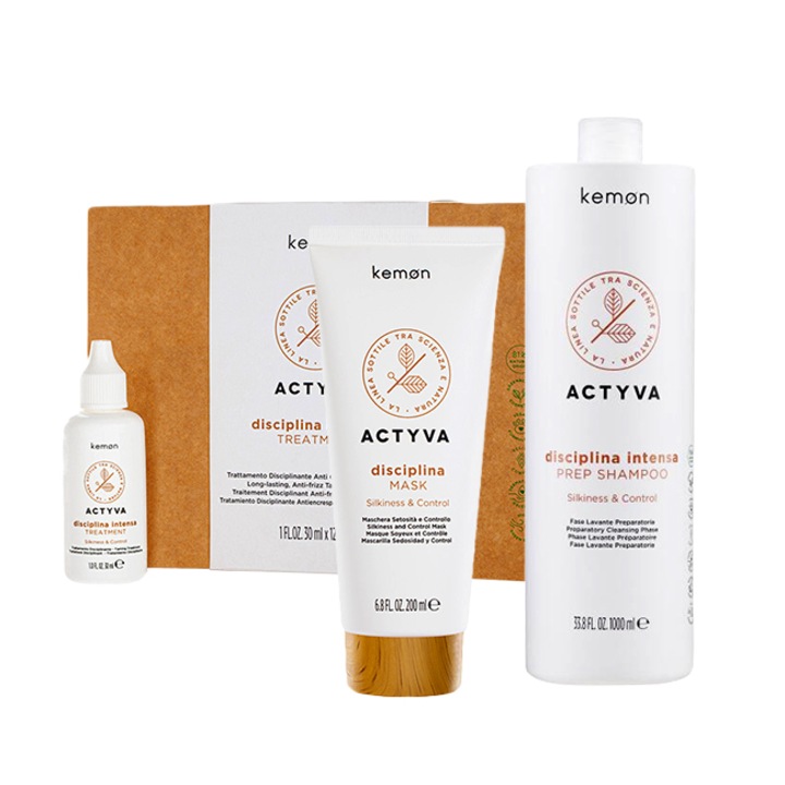 Set de disciplinare Kemon Actyva Disciplina, Sampon preparator 1000 ml, Masca 200 ml, Serum 12 x 30 ml