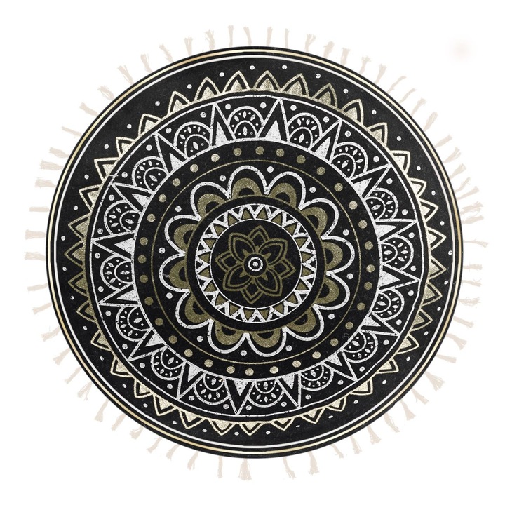 Dekoratív párna, Mandala mintás, bojtokkal, fekete/fehér, 40cm