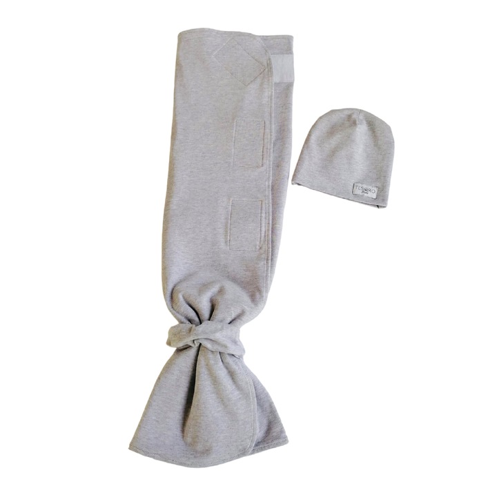 Sistem de infasat, Tesoro Bebe, model paturica + caciulita, inchidere reglabila velcro, 0-3luni, bumbac premium certificat Oeko-Tex, gri