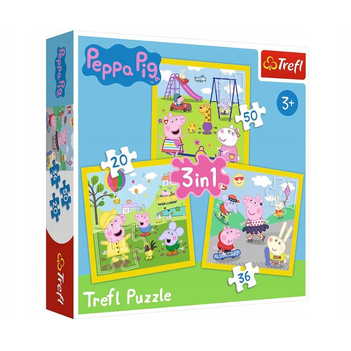 Puzzle pentru copii, Trefl, 3 in 1, Model Peppa Pig, Multicolor