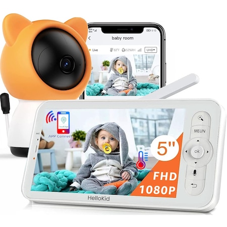 Baby Monitor WiFi 2in1 Multi View HelloKid™ DUO 2K UltraHD/5” Night Vision, Aplicatie Telefon, 355°/90°, Zoom 4X, Two-Way Audio, 3000mAh, Interfon, Apel, Notificari Miscare, Sunet, Temperatura, Umiditate, Cantece, Mod ECO, Orange/White